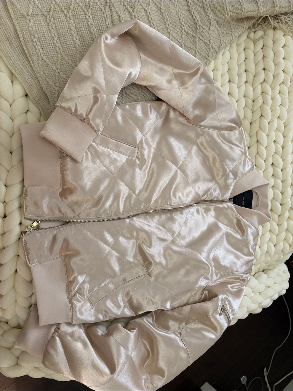 Dynamite Satin Quilted Bomber Jacket in Light Blush